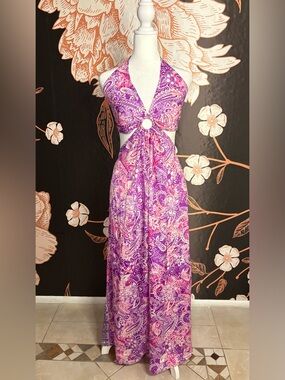ENCHANTING Violet & Pink Paisley Halter Maxi Dress with Open Back and Tassel Tie